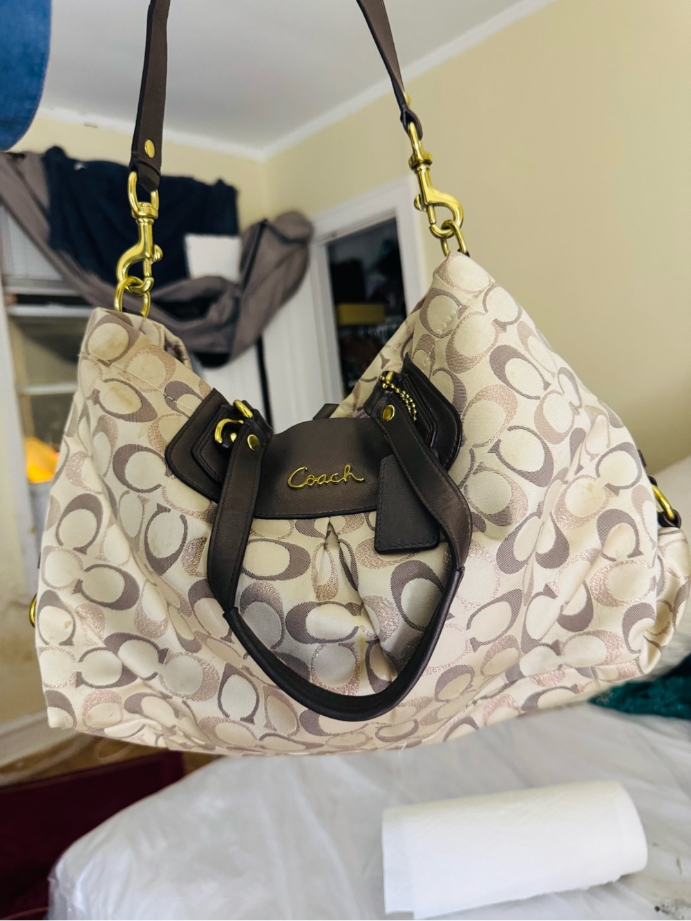 Coach Cream and Brown Signature Canvas Shoulder Bag
